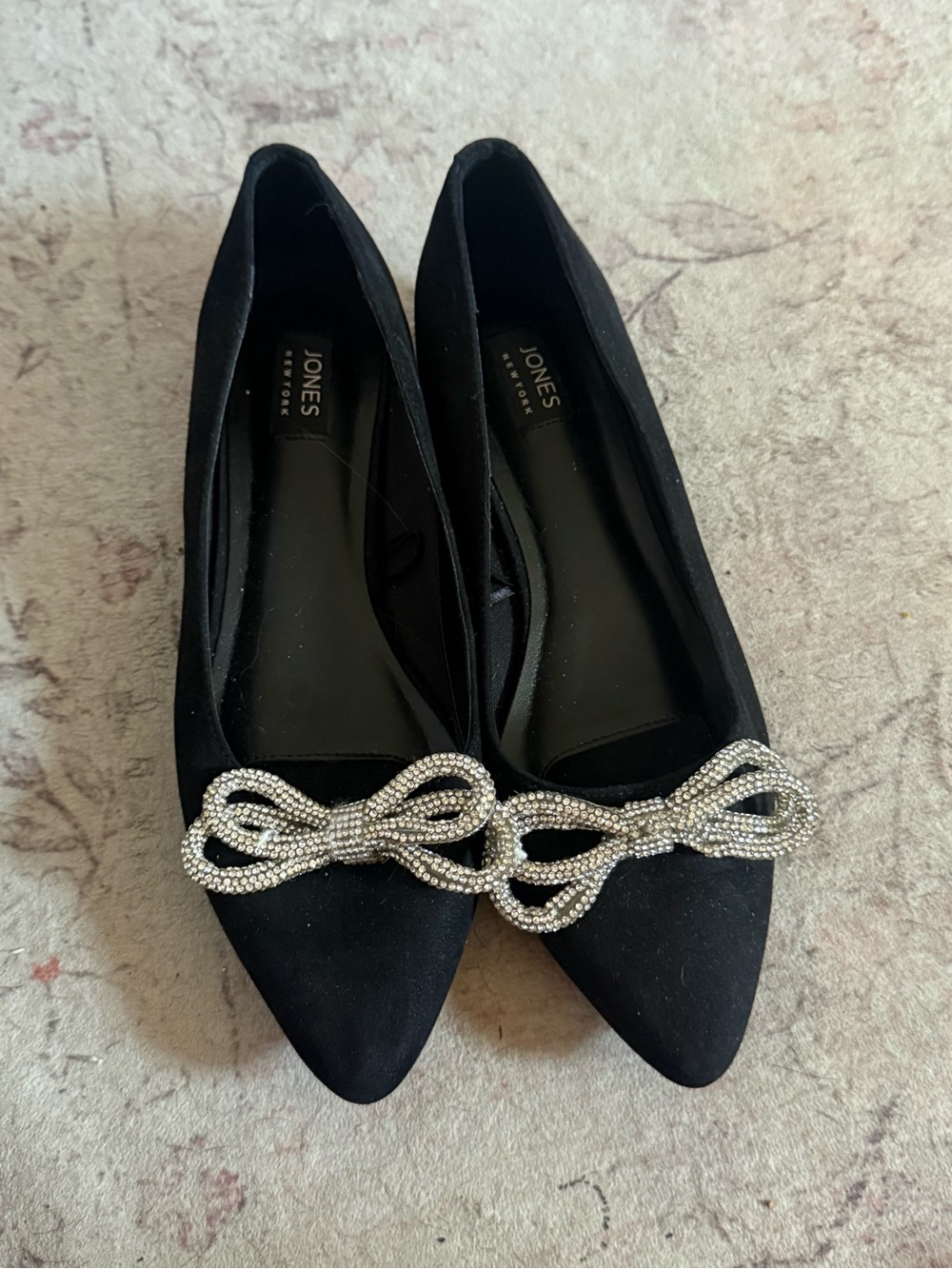 Jones New York Black Pointed Toe Flats with Rhinestone Bow Accent